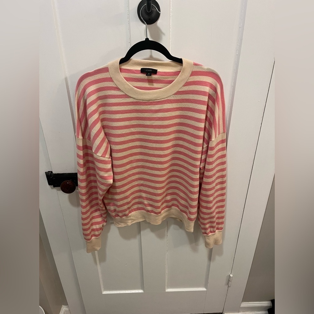 Relaxed J. Crew Pink and White Stripe Crewneck Sweater Medium
